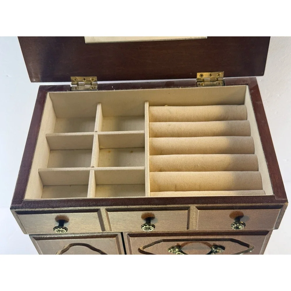 Vintage Wooden Jewelry Armoire Chest Box Taiwan Brass Hardware Multi Drawer 11
